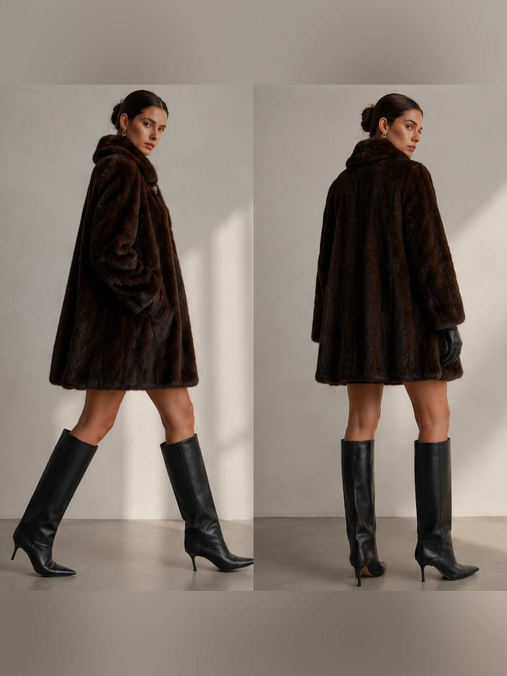GENUINE MINK Fur Brown funnel neck coat in brown - Picture 3 of 12